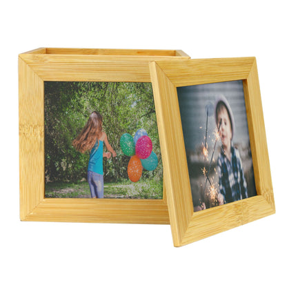 Maison & White Bamboo Photo Cube & Keepsake Box | 5 Photo Frames 7.5x7.5cm | Lidded Storage for Jewellery Cards Trinkets | Sustainable Bamboo | 12x11.6x11.6cm | Birthday Wedding Gift | 2-Year Guarantee
