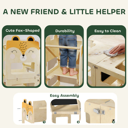 Toddler Learning Tower | Natural 3-in-1 Kitchen Step Stool with Chalkboard & Fox Design