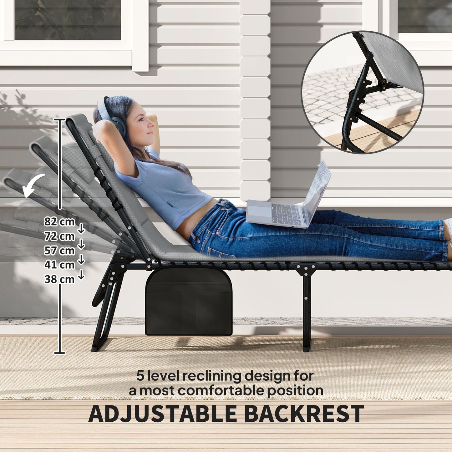 Outsunny Folding Sun Loungers Set of 2, Recliner Garden Chairs with Quick Drying Pad, Garden Sun Loungers for Beach Pool, Charcoal Grey