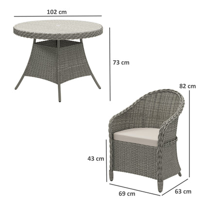 4 Seater Rattan Garden Furniture Set with Cushions, Round PE Rattan Dining Set with Glass-Top Table, Umbrella Hole, Outdoor Garden Table and Chairs