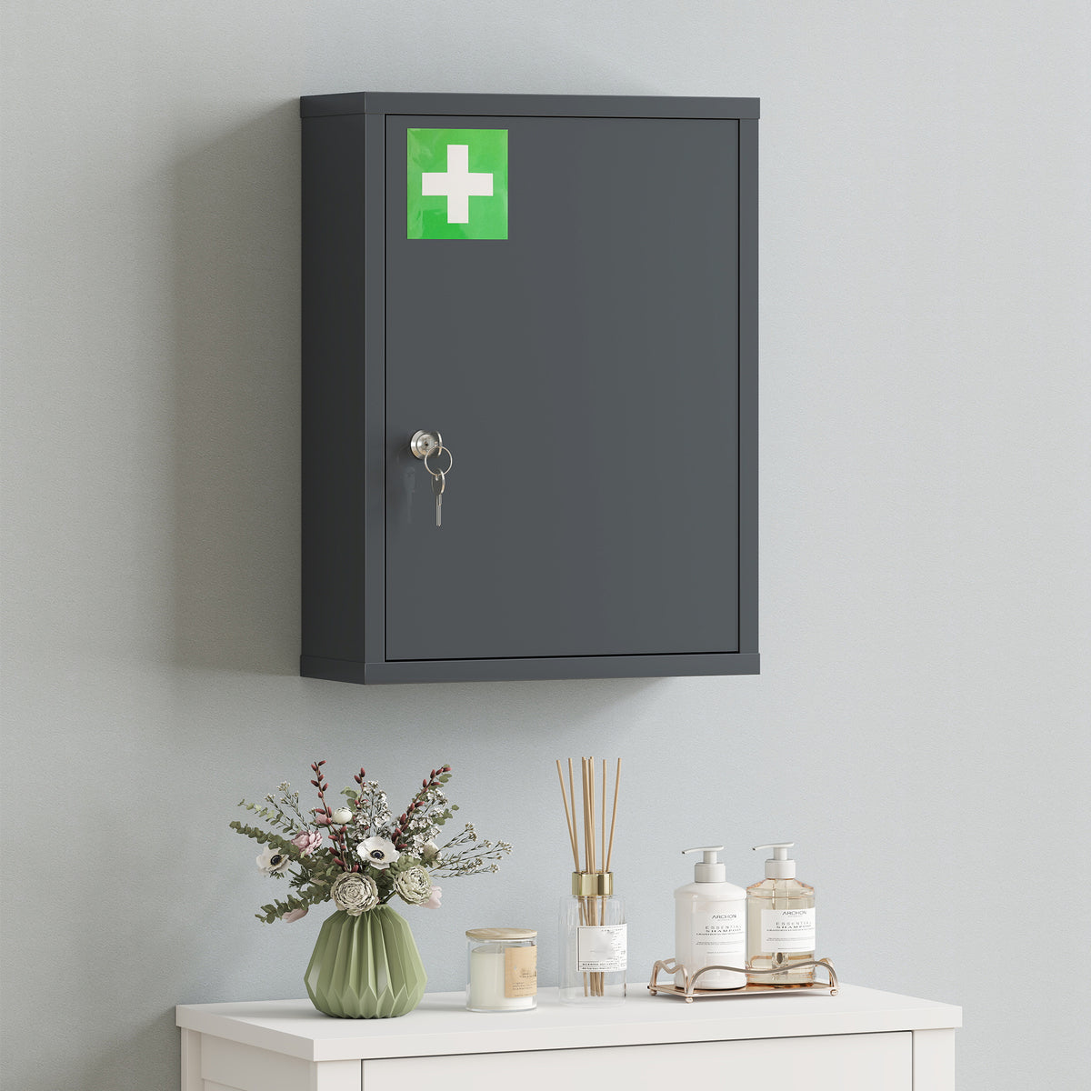 Kleankin Locking Medicine Cabinet | Smoke Grey Cold-Rolled Steel | 40x15x53.5cm | 3 Tiers | Lock & 2 Keys | Wall-Mounted | First Aid Cross | 15kg | No Assembly