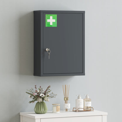 Kleankin Locking Medicine Cabinet | Smoke Grey Cold-Rolled Steel | 40x15x53.5cm | 3 Tiers | Lock & 2 Keys | Wall-Mounted | First Aid Cross | 15kg | No Assembly