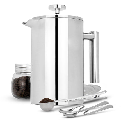 Maison & White French Press Cafetiere | Stainless Steel | 1500ml | Double-Walled | 22x20cm | Keeps Warm Up to 2 Hours | 7-Piece Set | 2-Year Warranty