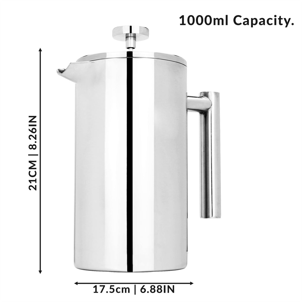 Maison & White French Press Cafetiere | 1000ml | Double-Walled Stainless Steel | Keeps Warm 2hrs | 7-Piece Set | 3 Filters 2 Spoons Scoop Clip | Hand Wash | 2-Year Warranty