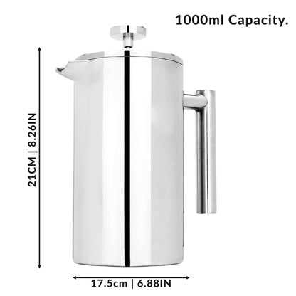 Maison & White French Press Cafetiere | 1000ml | Double-Walled Stainless Steel | Keeps Warm 2hrs | 7-Piece Set | 3 Filters 2 Spoons Scoop Clip | Hand Wash | 2-Year Warranty