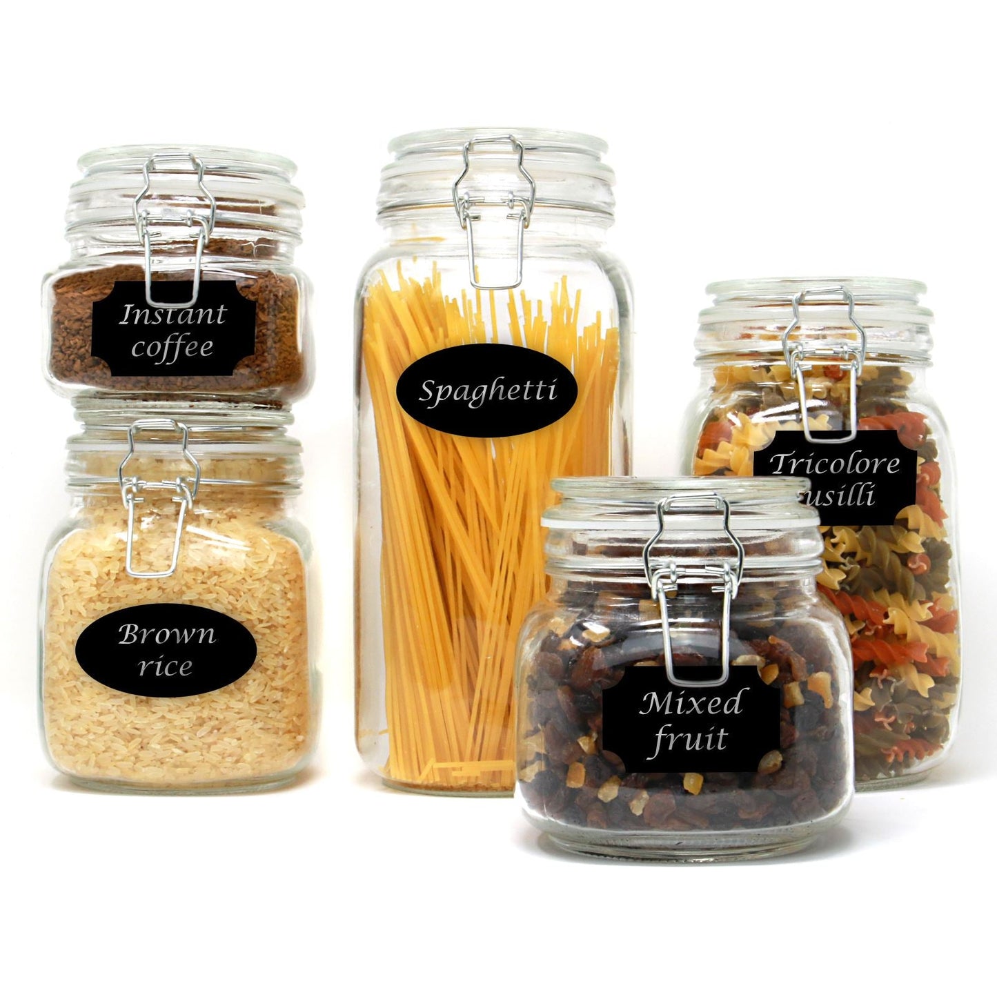 Clip-Top Glass Storage Jars | Assorted Set of 5 | 500ml to 2200ml | Steel Clip & Silicone Seal | Labels & Pen Included | Hand Wash Only | 2-Year Warranty