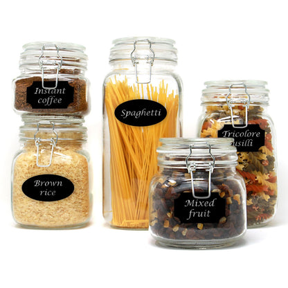 Clip-Top Glass Storage Jars | Assorted Set of 5 | 500ml to 2200ml | Steel Clip & Silicone Seal | Labels & Pen Included | Hand Wash Only | 2-Year Warranty