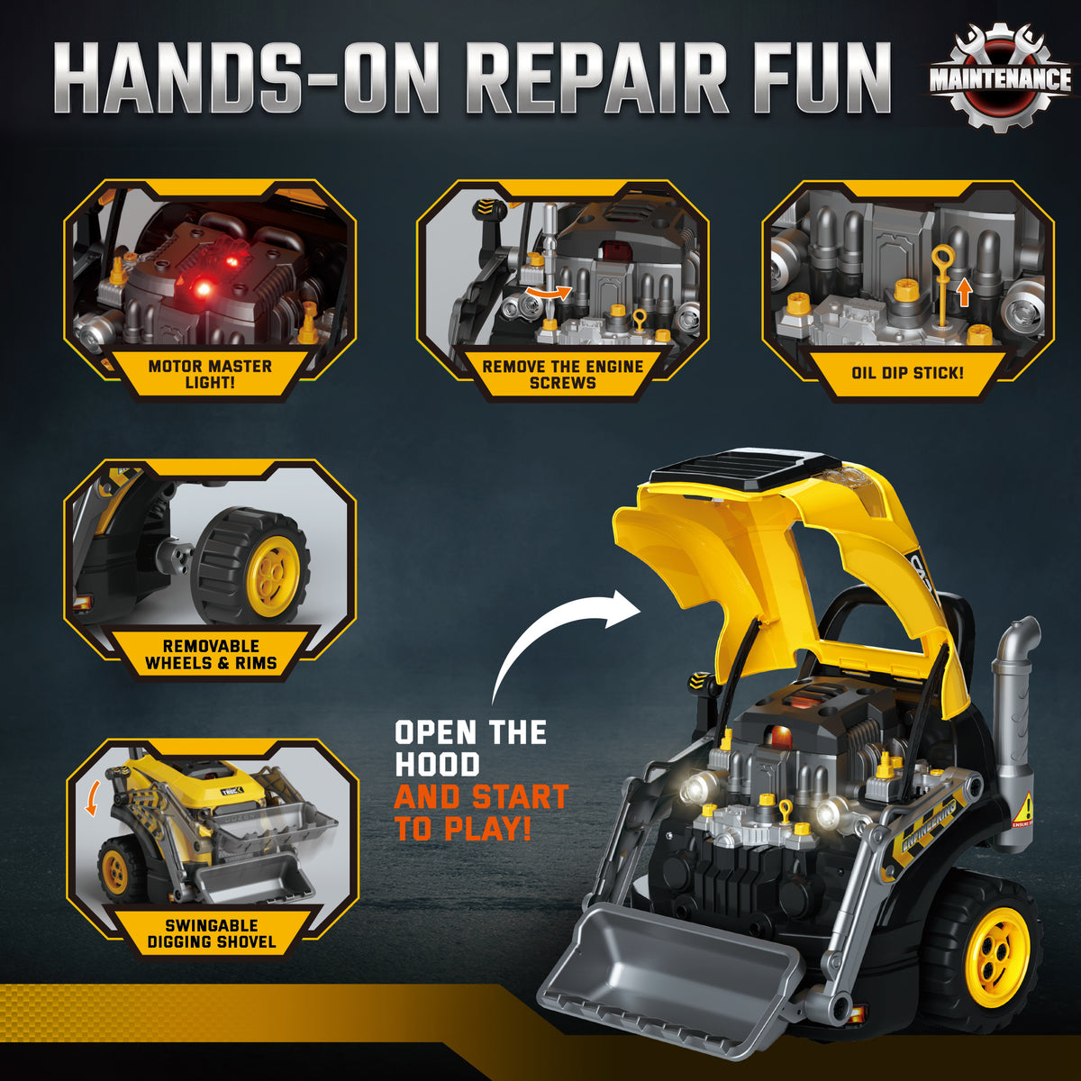 Kids Excavator Engine Toy | Yellow Pretend Play Mechanic Workshop with 63 Parts & 4 Tools