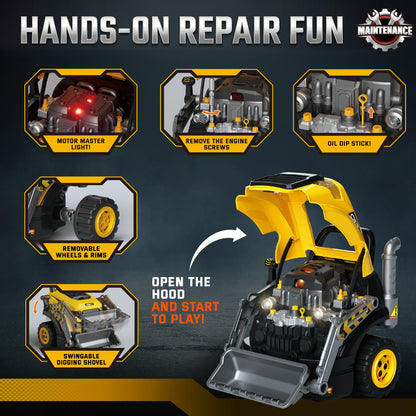 Kids Excavator Engine Toy | Yellow Pretend Play Mechanic Workshop with 63 Parts & 4 Tools