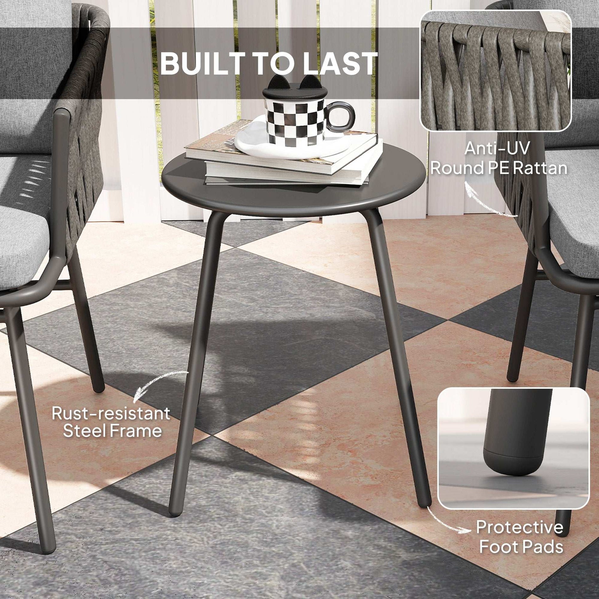 3-Piece Rattan Bistro Set, Garden Table and Chairs with 4 Cushions, Patio Rattan Conversation Furniture Set for Balcony, Porch, Terrace