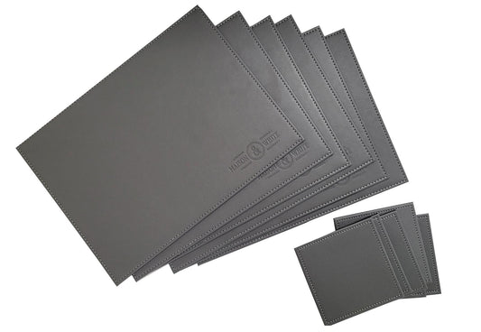 Faux Leather Placemats & Coasters | 12-Piece Set | 6 Placemats & 6 Coasters | Heat Resistant to 55°C | Wipe Clean | 21.5x28.9cm Mats | 10x10cm Coasters | 2-Year Warranty | Grey