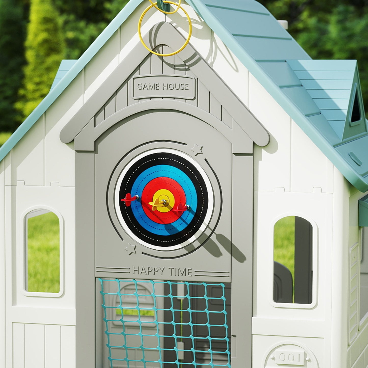 AIYAPLAY 5-in-1 Playhouse for Kids Outdoor Indoor with Basketball Hoop, Football Goal, Dartboard, Ring Toss for 2-5 Years, Beige / Pink
