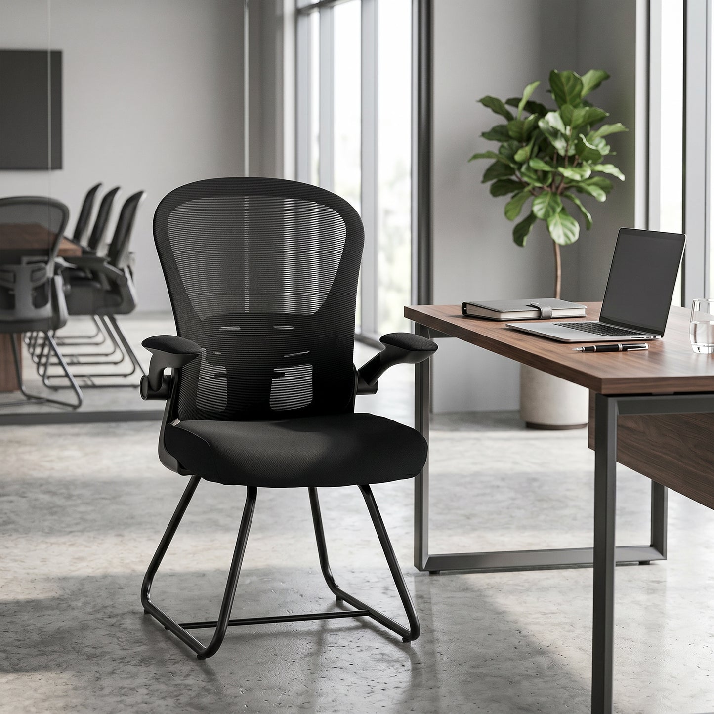 Mesh Office Reception Chair | Flip-Up Arms | Lumbar Support | Steel Base | Black | 120kg | 921-957V70BK