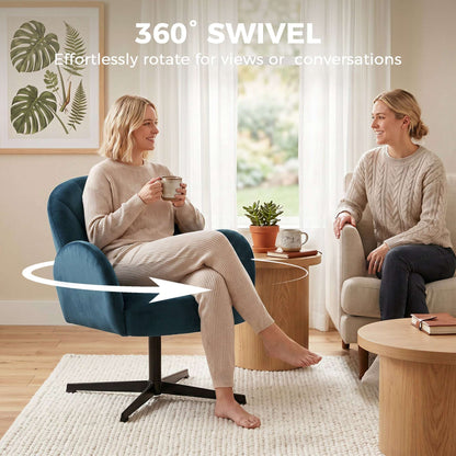 Shell-Shaped Swivel Accent Chair | 360° Swivel | 11cm Spring-Packed Seat | Velvet-Feel Fabric | Metal Base | Plastic Floor Pads | 120kg | 64.5x68x80cm | Dark Blue