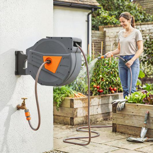 Wall Mounted Retractable Garden Hose Reel | 40+2m | Auto Retract & Self-Locking | 180° Swivel Bracket | Dual Spray Modes | 8 Bar Working Pressure | 61x26x43cm | Orange
