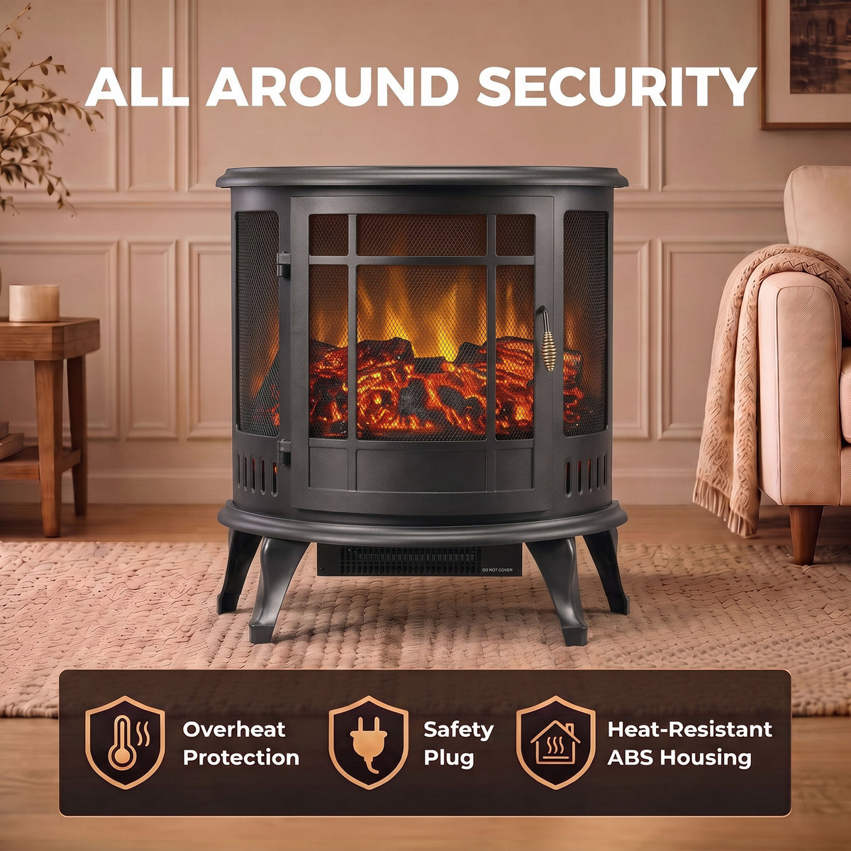3-Sided Electric Fireplace Stove | Energy Efficiency Rating C | 2000W Freestanding Heater with Independent LED Flame, Adjustable Brightness & 15-30 m² Coverage | Black