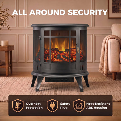 3-Sided Electric Fireplace Stove | Energy Efficiency Rating C | 2000W Freestanding Heater with Independent LED Flame, Adjustable Brightness & 15-30 m² Coverage | Black