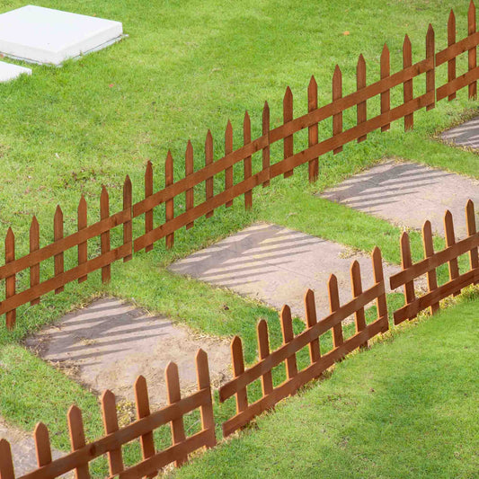 Outsunny Pack of 24 Wooden Border Fences, Garden Fixed Picket Fence for Lawn Edging, Flowerbed, 60L x 1D x 34H cm, Brown