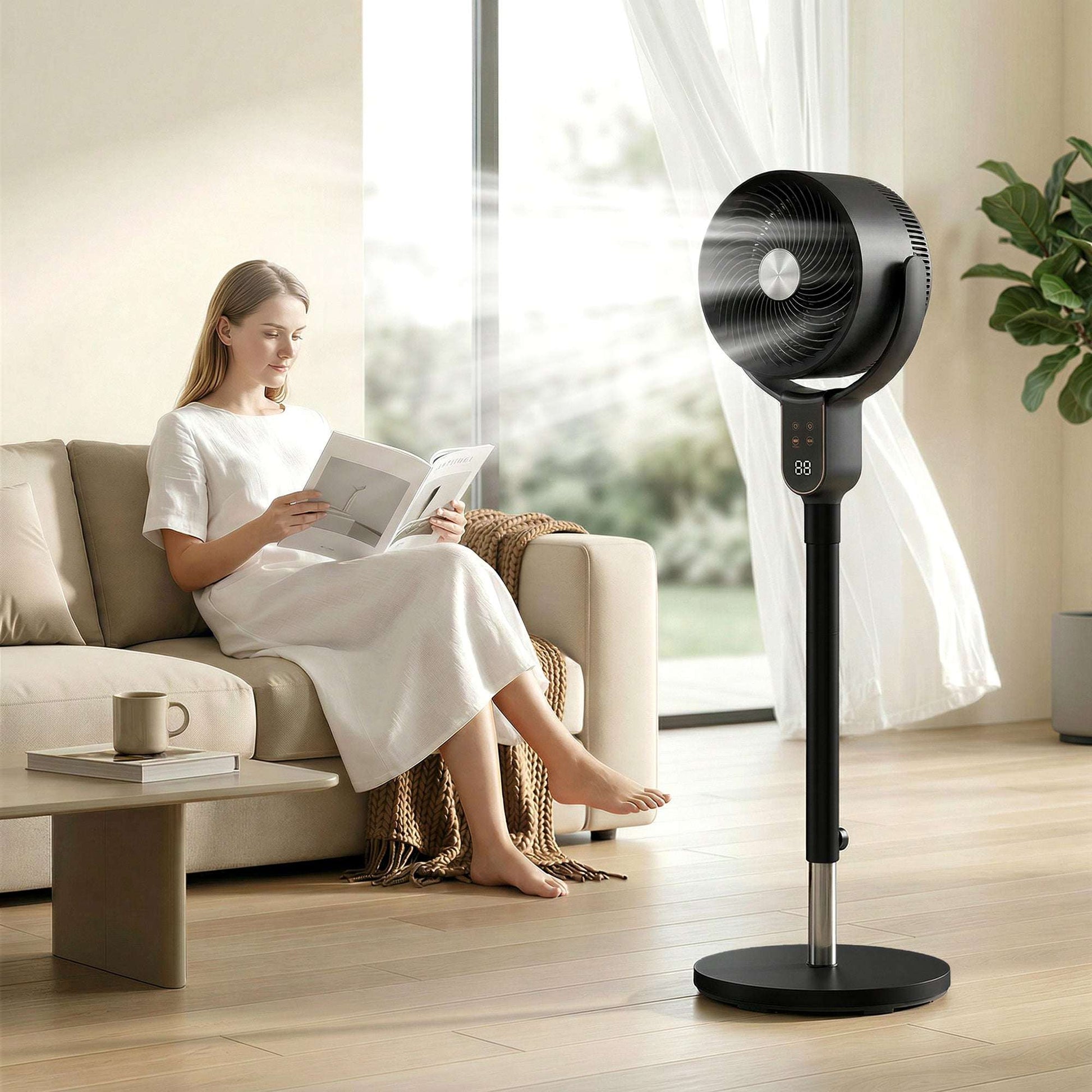 Pedestal Standing Fan | Turbo Mode | 20dB Sleep Mode | 8 Speeds | 16m³/min Airflow | 90° Oscillation | Aromatherapy Pad | Detachable Washable Grill | 5m Remote | 12H Timer | 50W | 83-107cm | Black