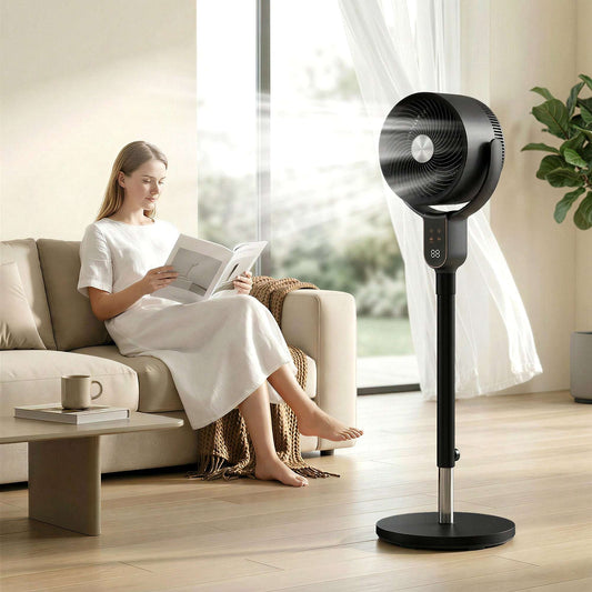 Pedestal Standing Fan | Turbo Mode | 20dB Sleep Mode | 8 Speeds | 16m³/min Airflow | 90° Oscillation | Aromatherapy Pad | Detachable Washable Grill | 5m Remote | 12H Timer | 50W | 83-107cm | Black