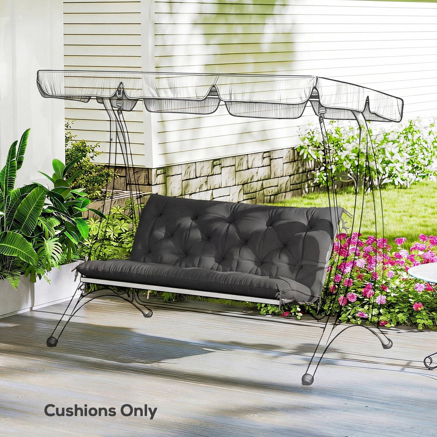2-Seater Bench & Swing Chair Cushion | 12cm Thick PP Cotton | Tie Fastenings | Water & Stain Resistant | Indoor & Outdoor | 120 x 110cm | Black