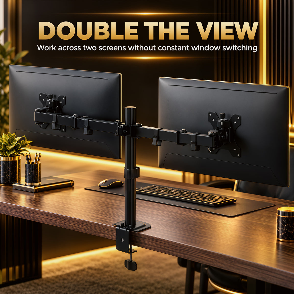 Dual Monitor Stand | 2 Screens up to 32 Inch | Height Adjustable, Tilt, Swivel & 360° Rotation | 20kg Capacity | Black Steel