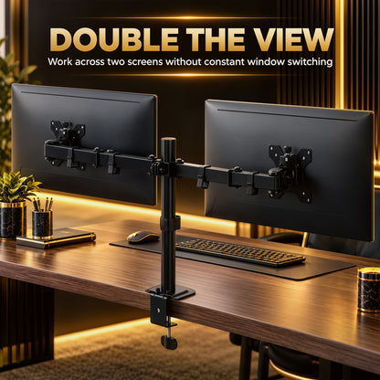 Dual Monitor Stand | 2 Screens up to 32 Inch | Height Adjustable, Tilt, Swivel & 360° Rotation | 20kg Capacity | Black Steel