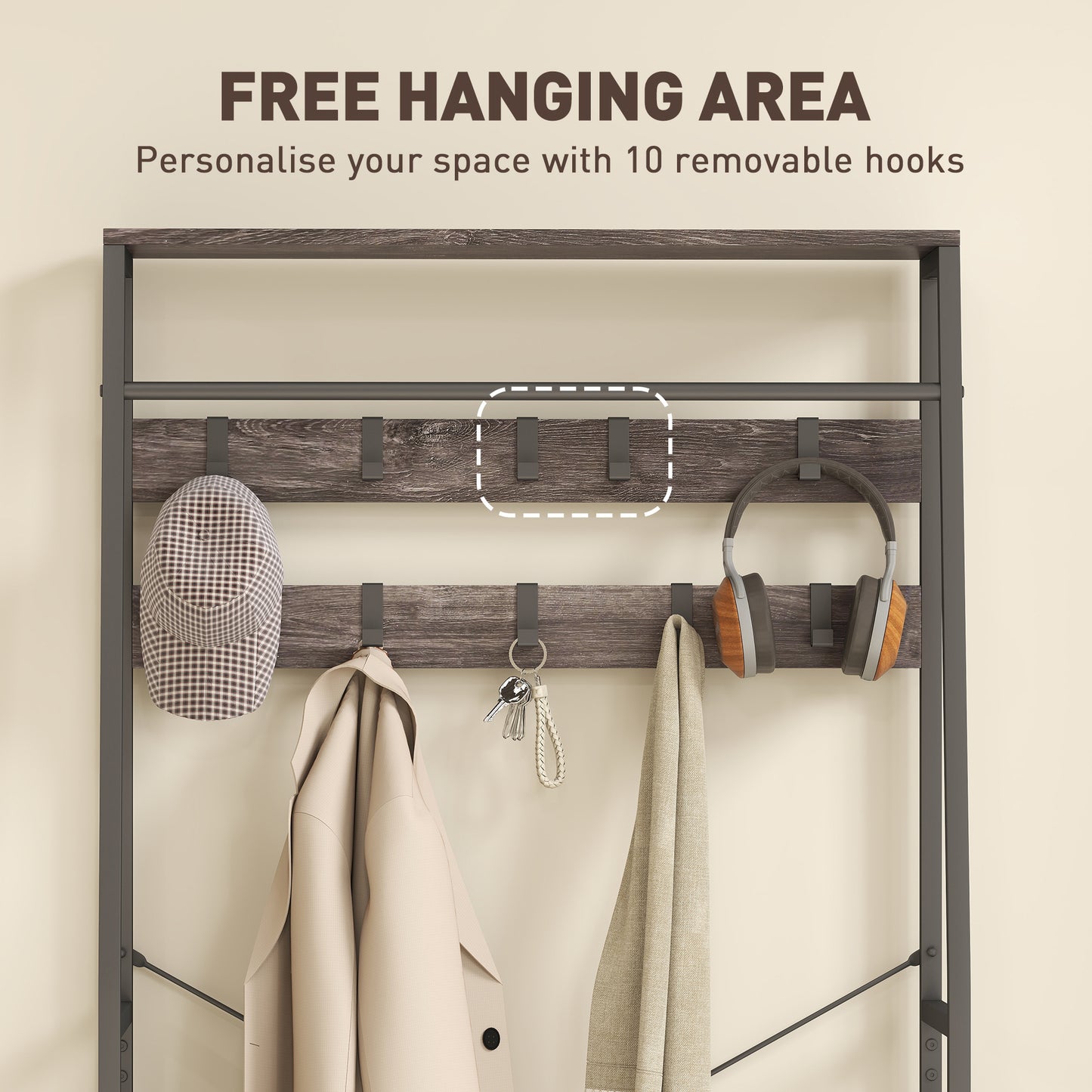 Coat Rack with Shoe Storage, Hall Tree, Industrial Coat Stand with Shoe Bench, 10 Removable Hooks, 2 Fabric Drawers and Clothes Rail, Grey