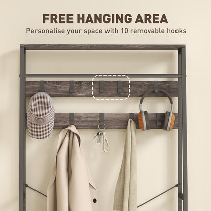 Coat Rack with Shoe Storage, Hall Tree, Industrial Coat Stand with Shoe Bench, 10 Removable Hooks, 2 Fabric Drawers and Clothes Rail, Grey