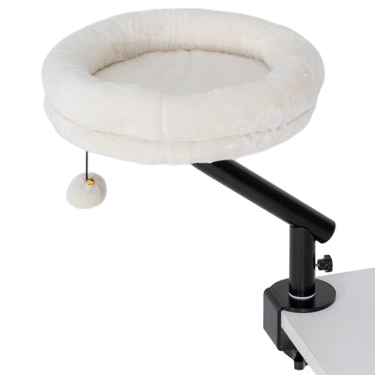 Cat Desk Bed | 360° Rotatable | Desk & Window Clamp | All-Season Plush | Up to 6kg | Cream White