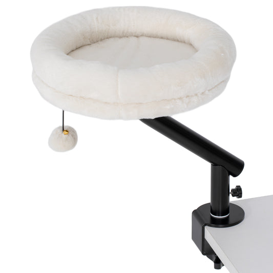Cat Desk Bed | 360° Rotatable | Desk & Window Clamp | All-Season Plush | Up to 6kg | Cream White
