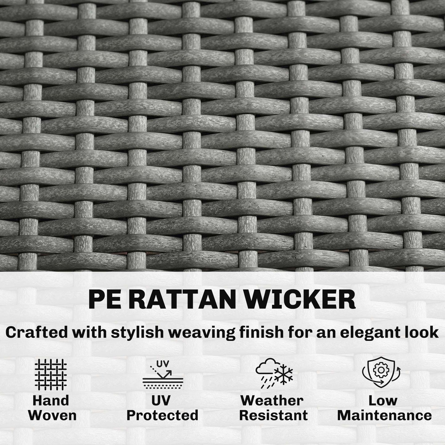 3-Seater Rattan Garden Sofa | PE Wicker | 10cm Seat Cushions | Washable Covers | Wood-Effect Arms | 360kg | All-Weather | Dark Grey