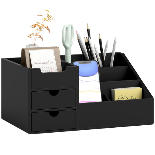 Desk Organiser Holder, Bamboo Multi-Function Storage Caddy with 7 Storage Compartments and 2 Drawers for Home Office Stationary Supplies