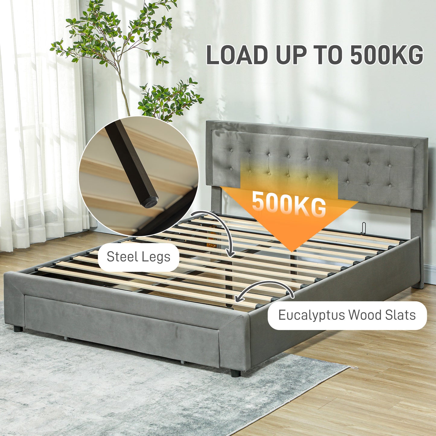 King Size Ottoman Bed Frame, with Front Drawer - Grey