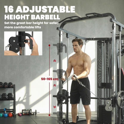 SPORTNOW Home Multi Gym Smith Machine with 65kg Weight Stack, Cable Pulley System, Chest Station, Preacher Pad & Leg Developer
