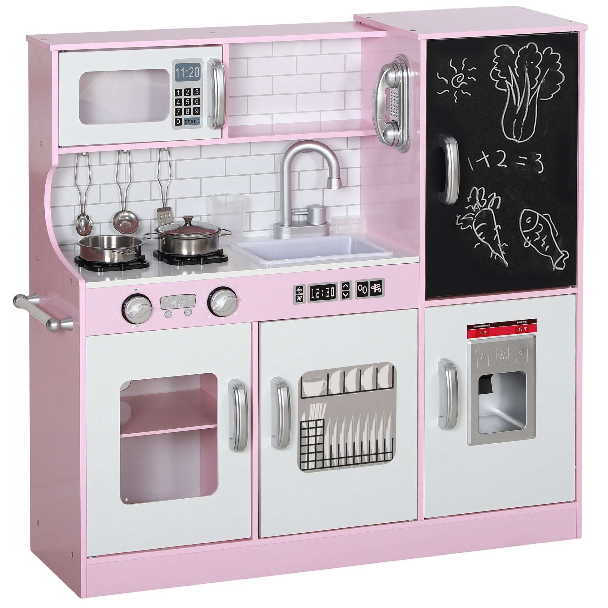 AIYAPLAY Pretend Play Kitchen Kids Kitchen Playset w/ Toy Phone, Chalkboard, Microwave, Cooking Stove, Sink