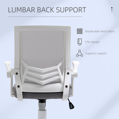 Home Office Desk & Ergonomic Mesh Chair Set | Flip-Up Arms | Storage Shelf | White & Grey