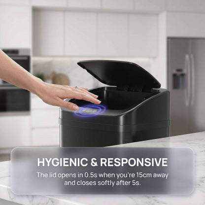 48L Infrared Sensor Bin | Opens in 0.5s | Quiet Close in 5s | Fingerprint-Resistant Galvanised Steel | No Inner Bucket | 4xAA Batteries | No Assembly | 33x25x69cm | Black