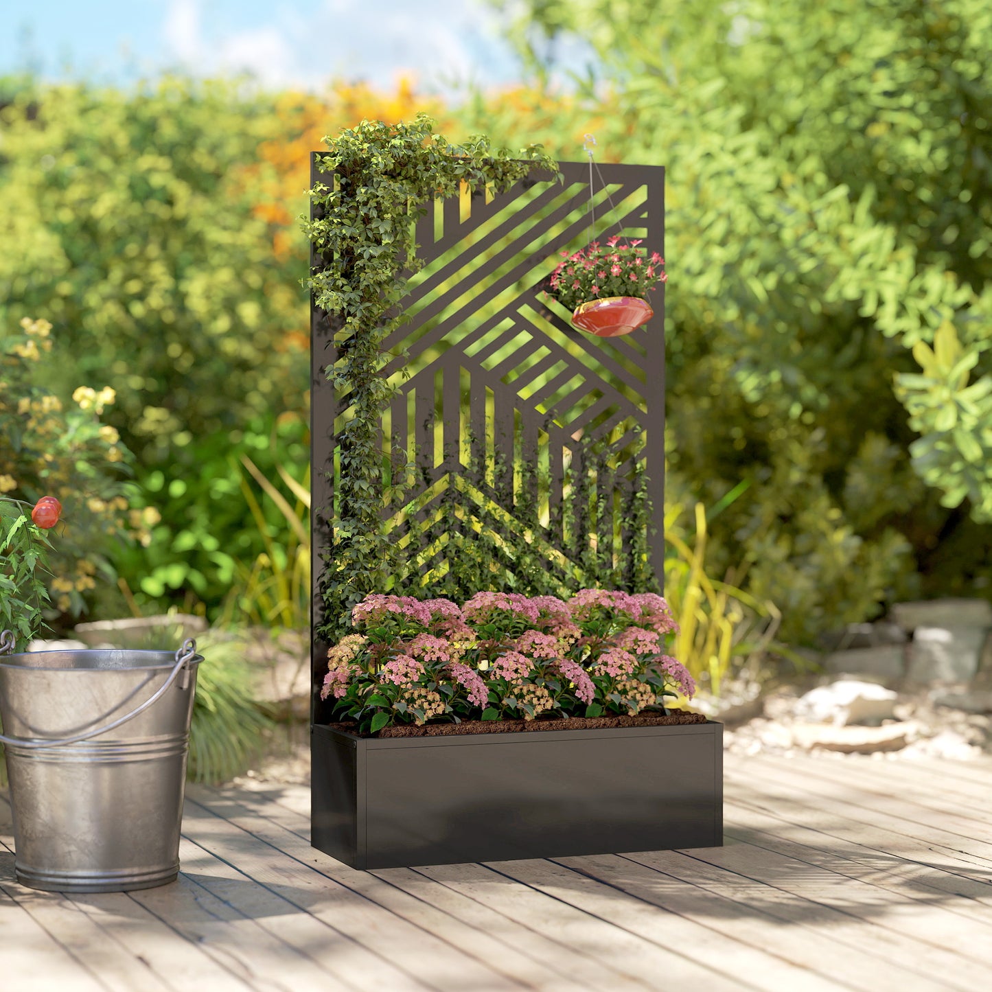 Metal Raised Garden Bed with Geometric Slatted Trellis & Privacy Screen | Powder-Coated | 20L Soil Capacity | 30kg Max | Patio Balcony & Garden | 61x23x113cm | Black