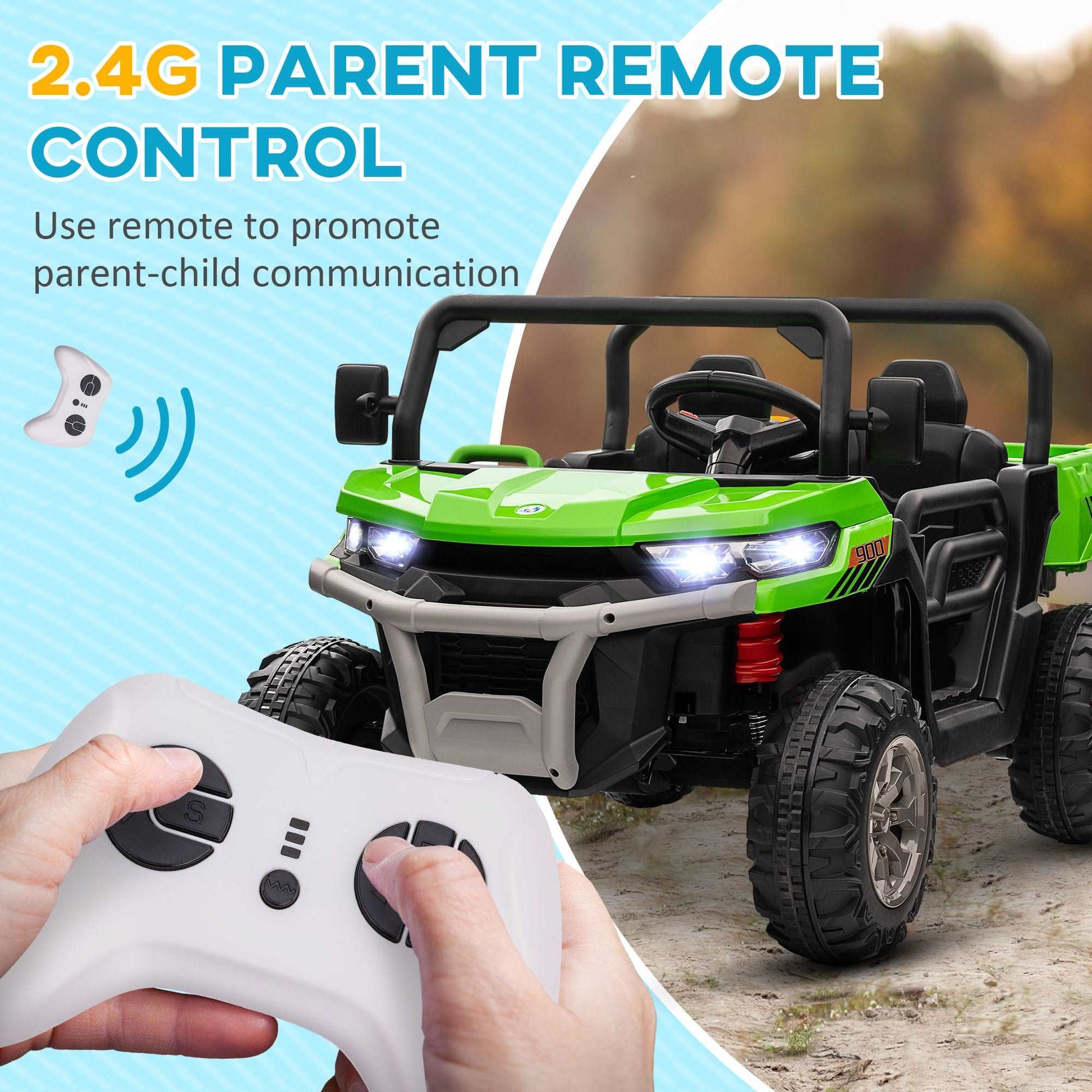 12V Two-Seater Kids Electric Ride-On Car, with Electric Bucket, Remote Control - Green