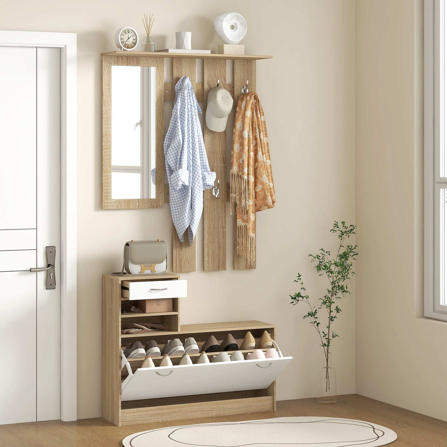 Three-in-One Hallway Storage Set - Natural Wood Finish/White