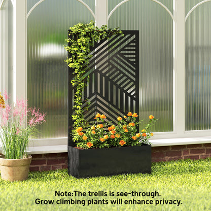 Metal Raised Garden Bed with Geometric Slatted Trellis & Privacy Screen | Powder-Coated | 20L Soil Capacity | 30kg Max | Patio Balcony & Garden | 61x23x113cm | Black