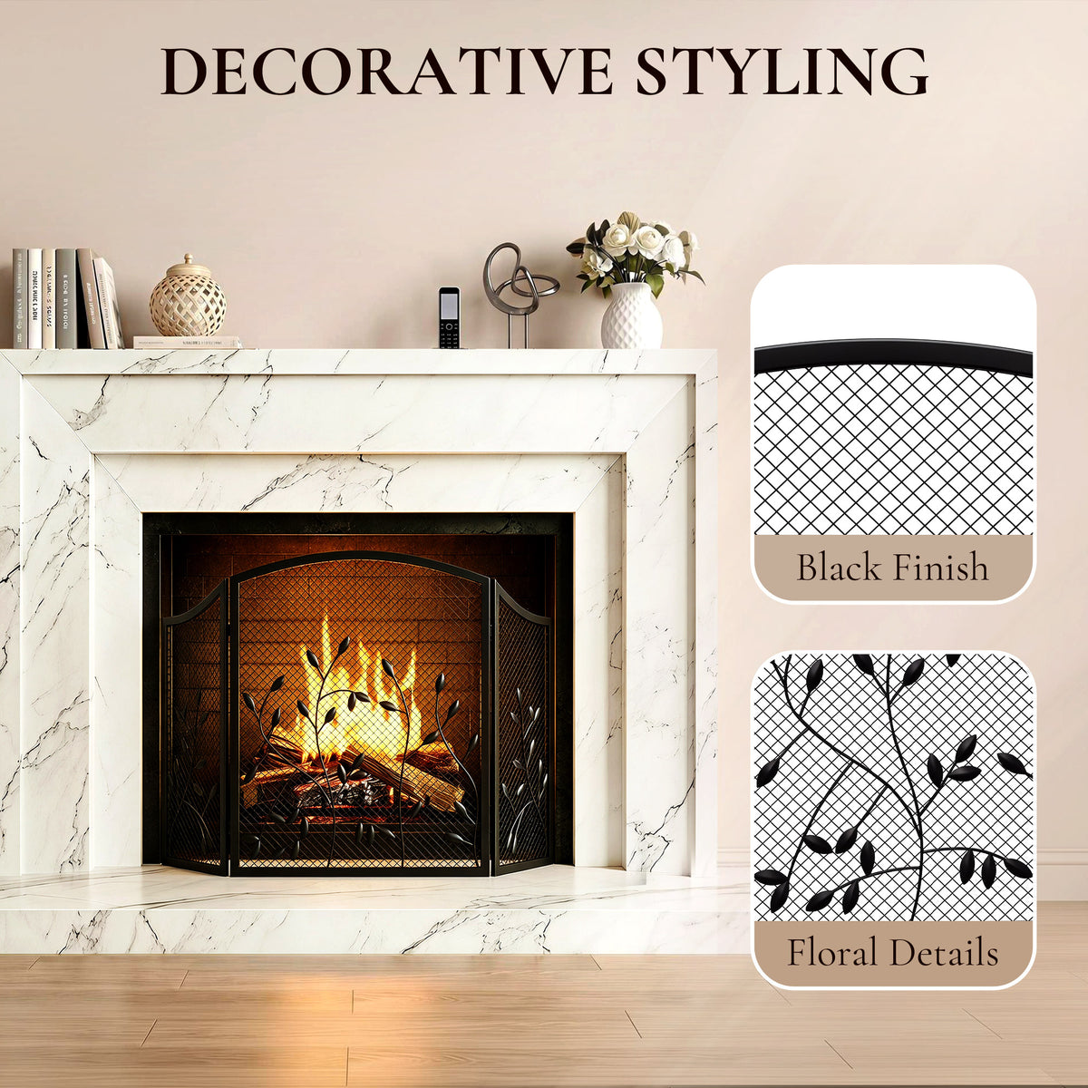 3-Panel Folding Fireplace Screen | Powder-Coated Metal | Spark Guard | 122x75cm Open | Folds to 61cm | Adjustable Layout | No Assembly | Black