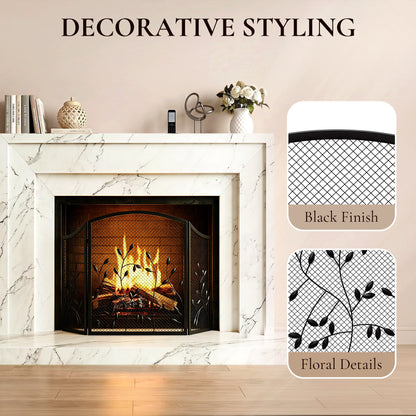 3-Panel Folding Fireplace Screen | Powder-Coated Metal | Spark Guard | 122x75cm Open | Folds to 61cm | Adjustable Layout | No Assembly | Black