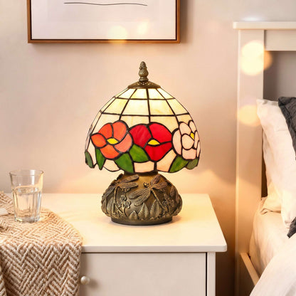 Tiffany-Style Handcrafted Stained Glass Table Lamp | Floral Motif | Sculpted Dragonfly Bronze Resin Base | Rocker Switch | E27 40W Max | 150cm Cable | Φ20x28cm | Multi-Coloured