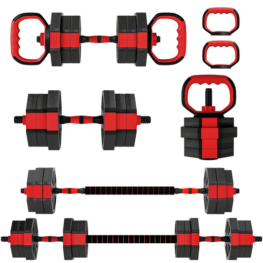 SPORTNOW 6-in-1 Adjustable Dumbbell Set 20kg | Dumbbell, Barbell, Kettlebell & Push-Up Stand | Home Gym Free Weights | Men & Women | Red