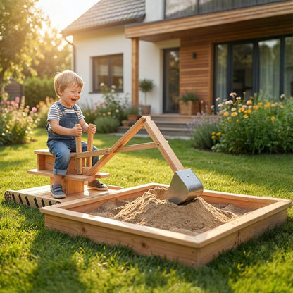 Wooden Sand Pit with Digger & 360° Swivel Seat – 200kg Sand Capacity, Fabric Liner, Solid Fir Wood, For Garden, Ages 3–6
