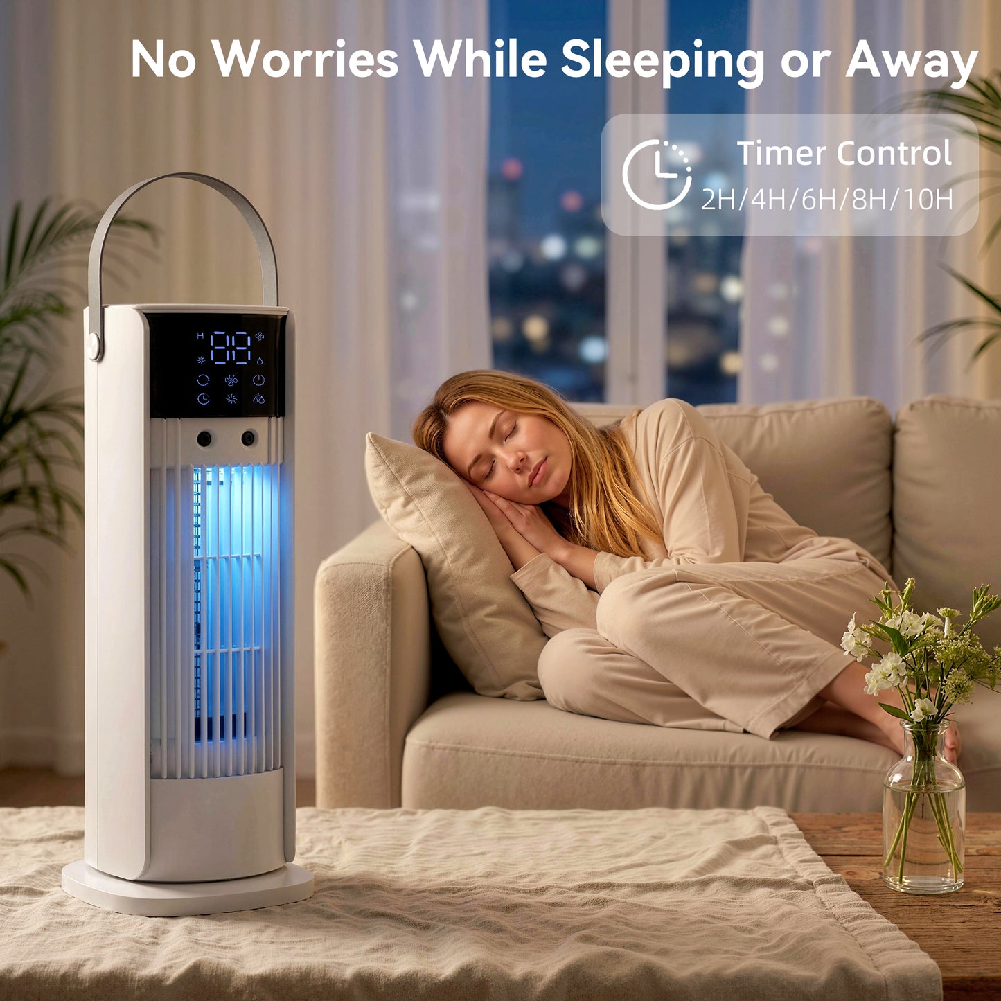 Tower Fan for Bedroom, 16 Inch Mist Desktop Fan with RGB Lights, 3 Speeds, 90° Oscillation, 10H Timer, for Home Office