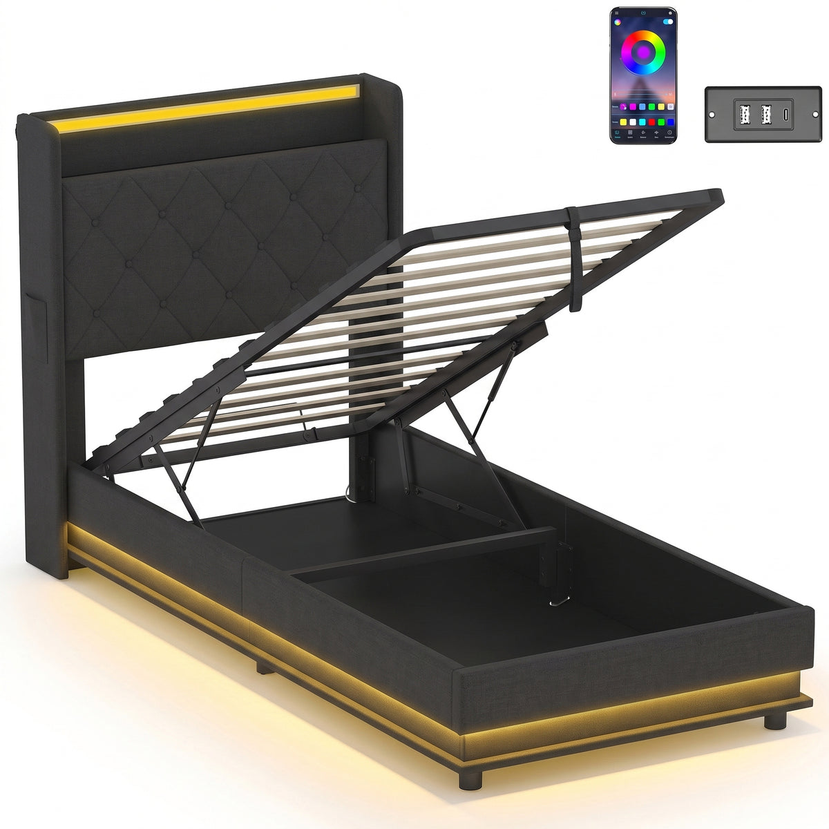 3ft Single Ottoman Bed Frame | Hydraulic Storage, RGB LED Headboard Lights & USB Charging | Black or Cream White
