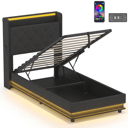 3ft Single Ottoman Bed Frame | Hydraulic Storage, RGB LED Headboard Lights & USB Charging | Black or Cream White